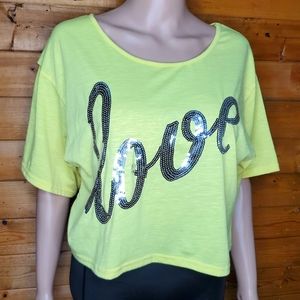 ❤️ Yom Yom Neon Yellow 'Love' Sequin Crop Top Size L